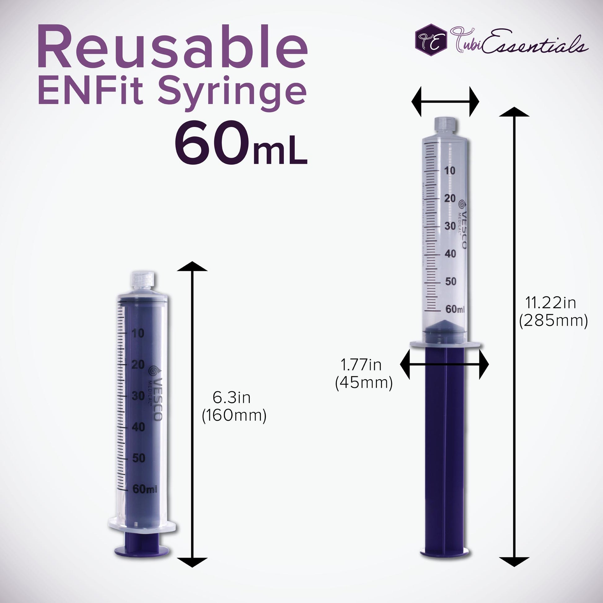 Reusable 60mL Enteral ENFit Syringe with measurements. The syringe is measured with the plunger fully pressed as well as when the syringe is full and the plunger is completely retracted. The TubiEssentials logo is located in the top left corner.