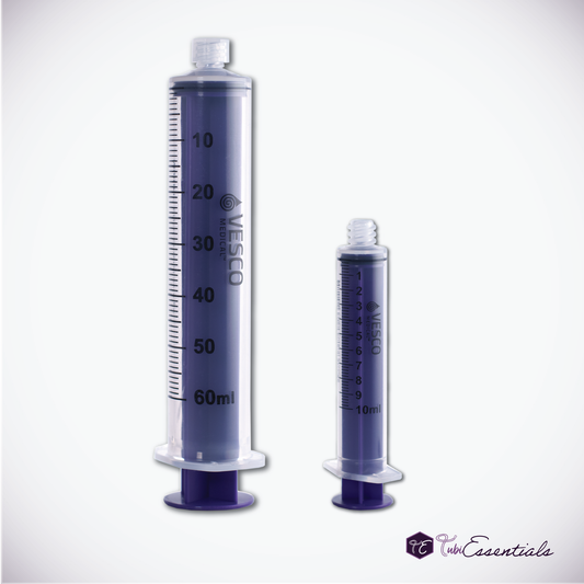 Two Reusable Enteral ENFit Syringes in different sizes on a white background. The Left Syringe is 60mL and the Right Syringe is 10mL. TubiEssentials logo is placed in the bottom right corner.